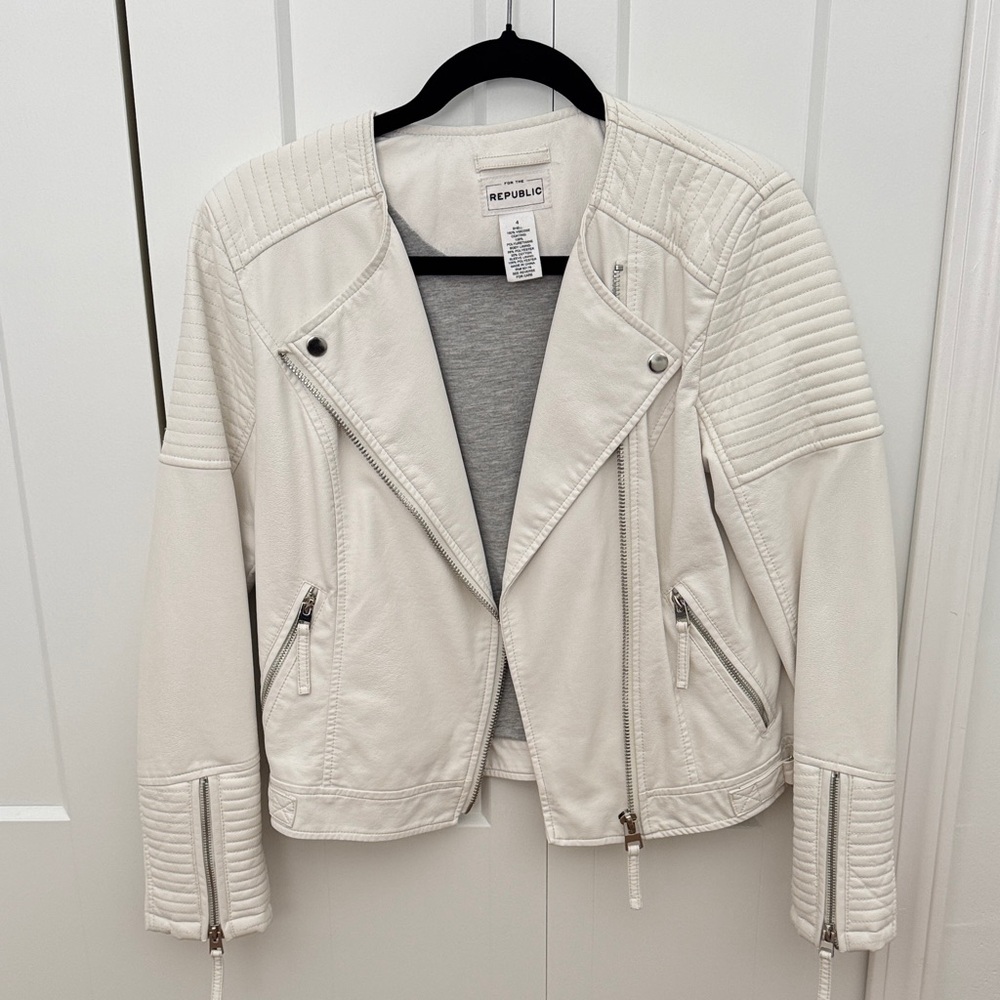 For The Republic Cream Leather Biker Jacket
